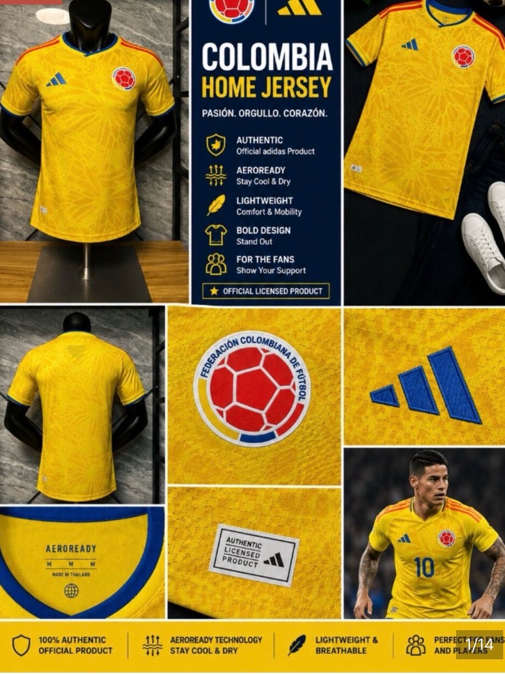 adidas Colombia Home Jersey - Yellow with Blue Accents